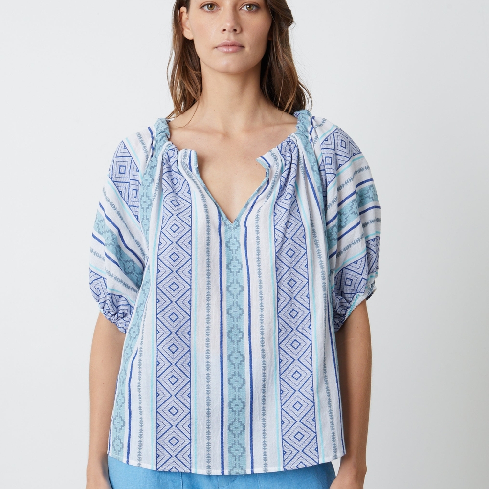Velvet by Graham & Spencer Blue & White Striped Peasant Blouse